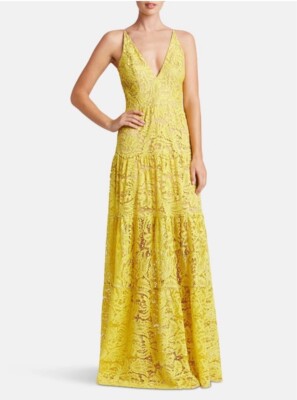Dress The Population Melina Canary Yellow Embroidered Dress Large L Maxi  Long | eBay