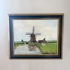 Vintage Dutch Windmill Oil Painting On Canvas, Wooden Frame, 62cm x 50cm Signed