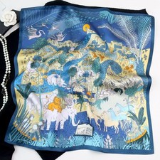 Animal Carnival Blue Print 100 Mulberry Silk Shawl Scarf Necktie Kerchief 21"