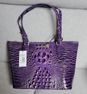 Brahmin Purple Embossed Animal Print Tote Bag Tag Logo Accent Zip Women
