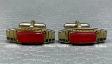 Vintage Linear Orange Lucite Yellow Gold Plated Cuff Links