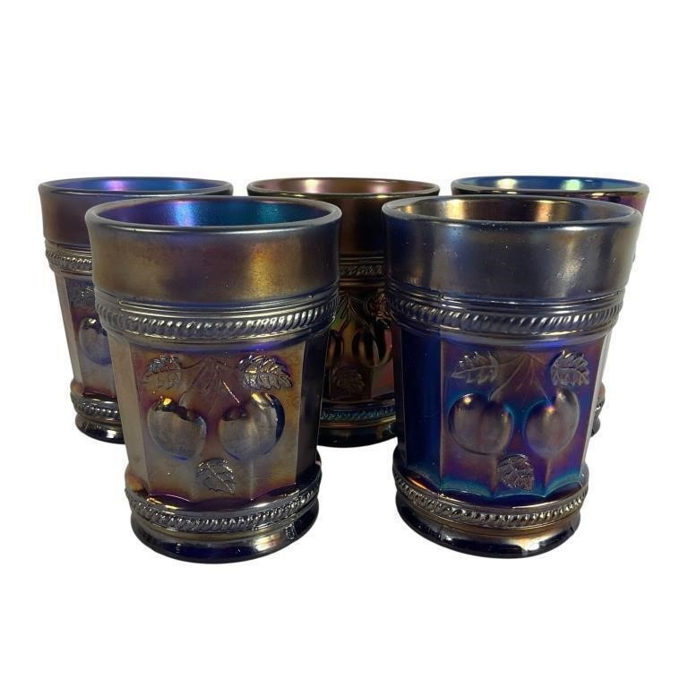 Set of 5 Antique Northwood Peach Pattern Carnival Glass Tumblers Blue Iridescent