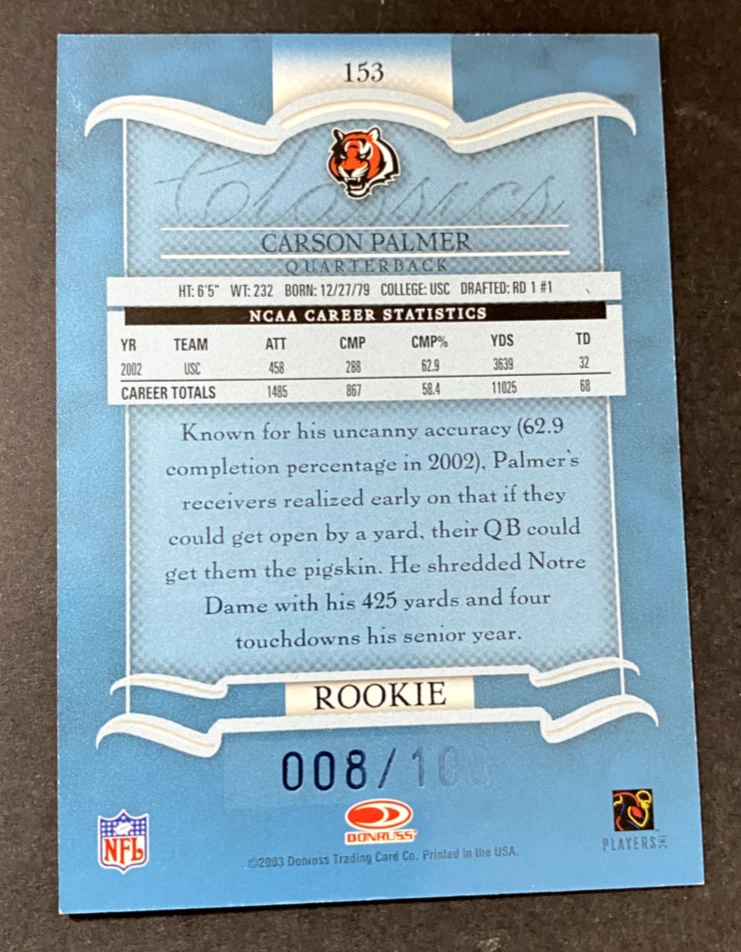 2003 DONRUSS CLASSICS CARSON PALMER AUTO RC 008/100 CINCINNATI BENGALS - Image 2 of 2