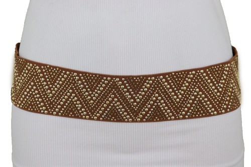 Women Brown Elastic Birthday Party Fashion Belt Gold Metal Stud Chevron Size S M - Picture 15 of 24