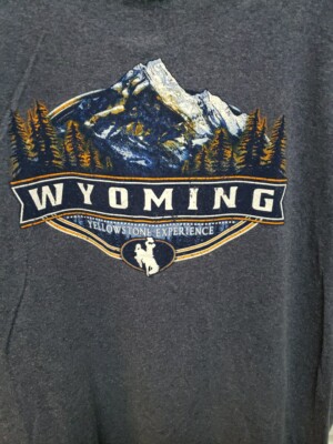 Wyoming Men T Shirt Size  XL Blue Short Sleeve Bronco Yellowstone Mountain Trees