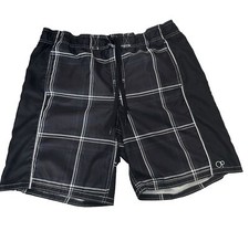 OP Board Shorts Swim Trunks Mens LG 36-38 Black/ Gy Plaid Drawstring Mesh Lined