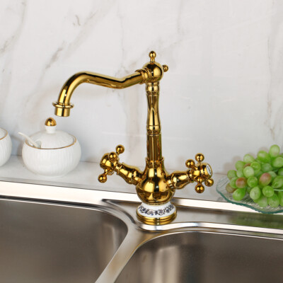 360° Swivel Bathroom Ceramic 2 Handles Sink Golden Brass Tap Vessel Mixer Faucet