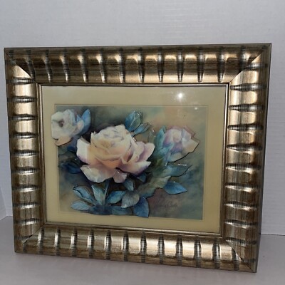 Floral Rose Print 3D Cut Layered Paper Framed Art Picture Signed 13x12 