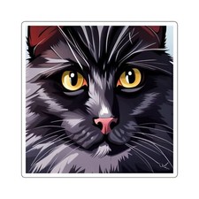Black cat yellow eyes face indoors only glossy Stickers