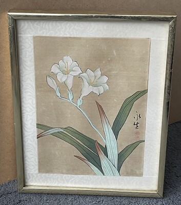 Seidengemälde Kunst japanische weiße Blumen asiatisch signiert gerahmt 27 x 21 cm