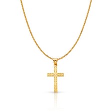 14K Yellow Gold Cross Charm Pendant with 1.1mm Wheat Chain Necklace