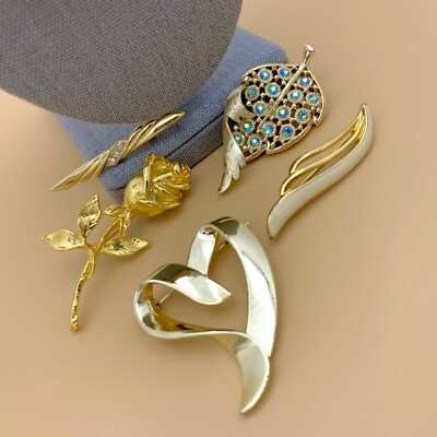 Vintage Gold Tone Brooch Lot Monet And More AB Rhinestones Heart Rose Enamel