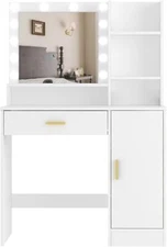Vanity Desk, Vanity Mirror  1 Cabinet & 4 Shelves Makeup 3 Lighting White