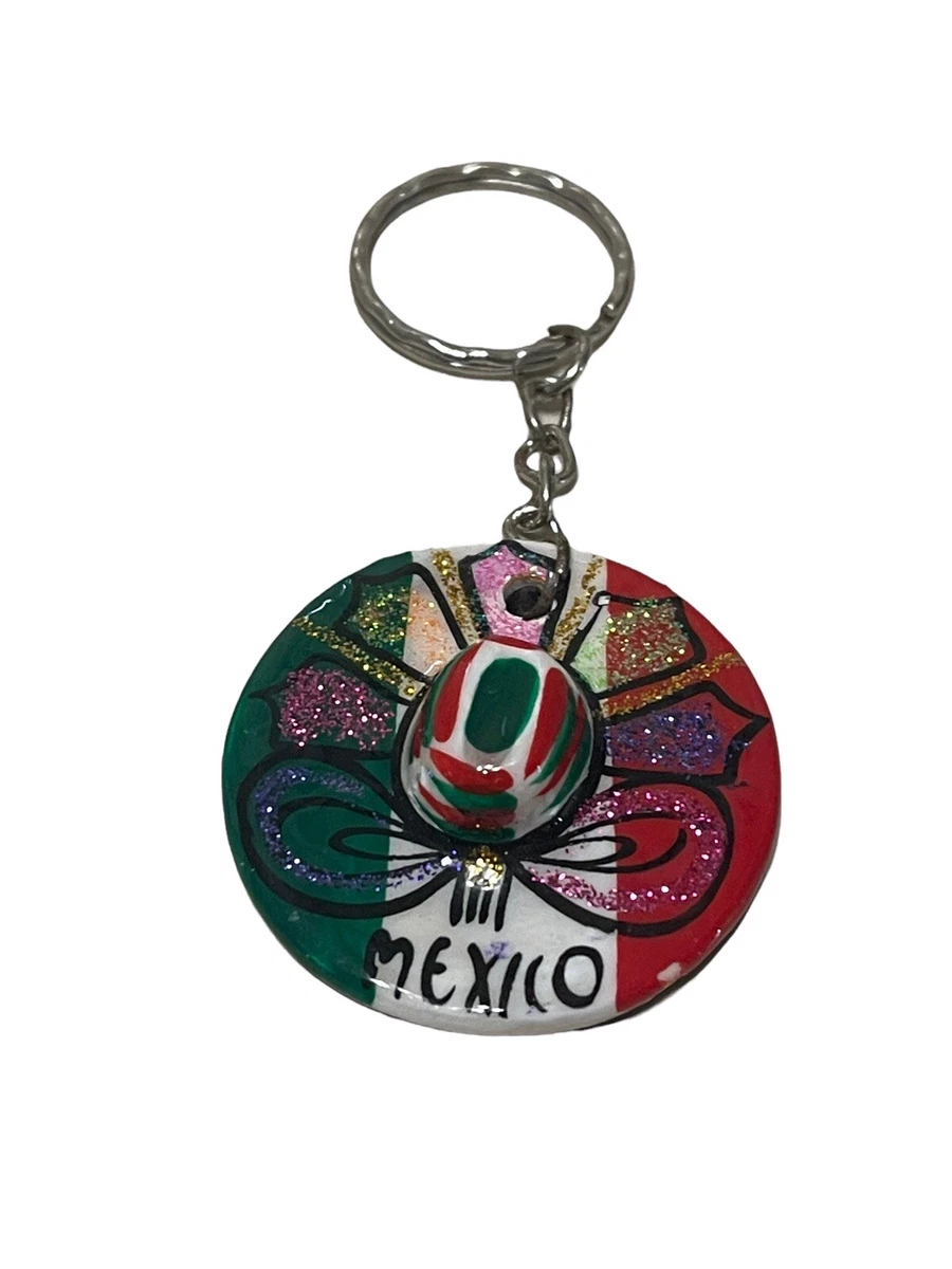 Vtg Handmade Mexican Sombrero Multicolored Glitter Hat Key Chain Key Ring READ