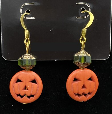 Handmade Jack-O-Lantern Pumpkin Green & Gold Glass Bead Earrings by Neanie-Bot