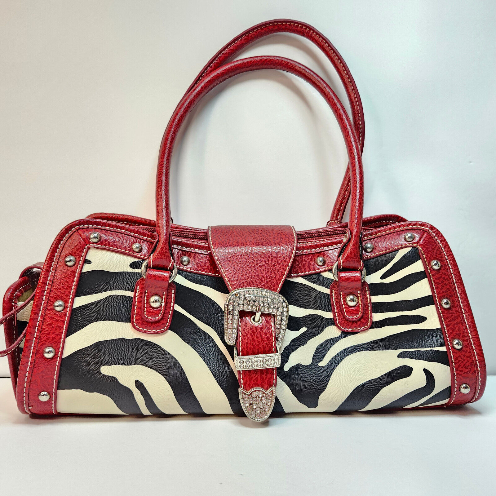 Zebra Purse Red Handles and Trim W/ Sparkle Buckl… - image 1