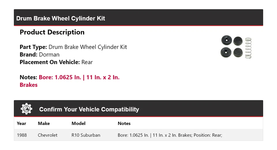 Kit de cilindro de rueda de freno de tambor trasero Chevrolet R10 Suburban Dorman 1988 Foto 2 de 3