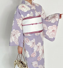 Japanese Summer Kimono Yukata Floral Watercolor Obi Set Women's Robe
