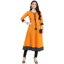 Women's Embroidered Mustard Cotton Slub Anarkali Kurta, 3/4th Sleeves
