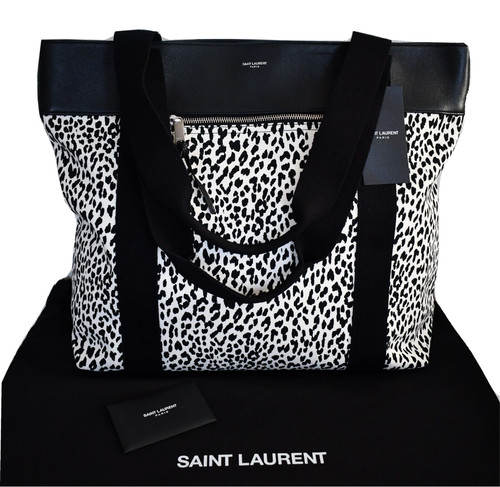 🆕️ Authentic SAINT LAURENT Leopard Baby Cat CANVAS & LEATHER SHOPPER TOTE Bag