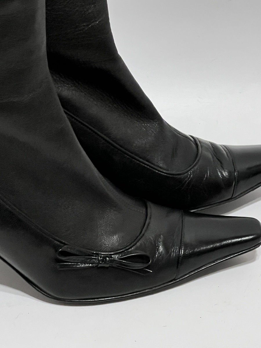Vtg CHANEL BLACK LEATHER CC LOGO SOCK BOOTS 39 | eBay