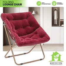 Foldable Saucer Accent Chair Red Faux Fur Oversized Seat Lounge Lazy Moon Chair