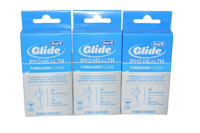 Oral-B Glide Pro Health Threader Floss 30 Single Use Packs ORIGINAL Old, 3 Pack