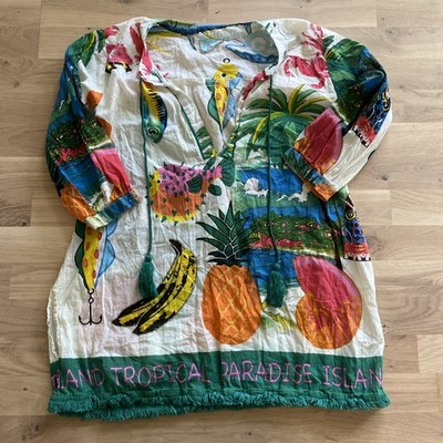 True Destinations Resort Wear Cover Up Womens M Tropical Tunic Pineapple Tassel