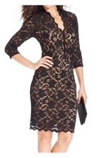 Karen Kane Black Lace w/Nude Lining V-Neck Sheath Dress Stretch Sz M- $128