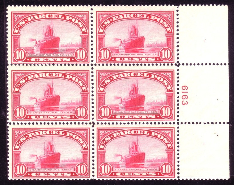 #Q6 TEN CENT PARCEL POST.  PLATE BLOCK OF 6.  FINE 1.  NH OG.  SCV $1600