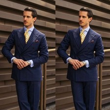 Navy Blue Pinstripe Men's Suits Double Breasted 2-Piece Formal Business Outfit