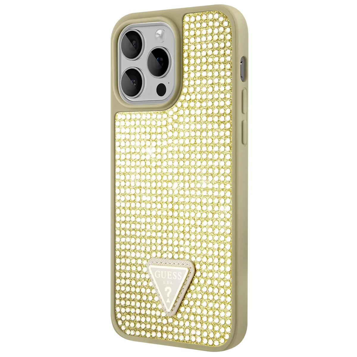 Coque iPhone 15 Pro Max Guess Triangle Diamond Dorée en silicone chic