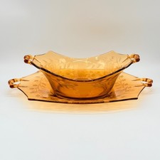 Lg Central Glass Works Amber Floral Cut No.2002 Flared Bowl With Handles & Plate