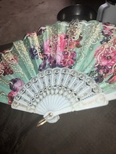 Vntg Decorative Folding Floral Asian Hand Fan Hand Painted Gold Accents RARE