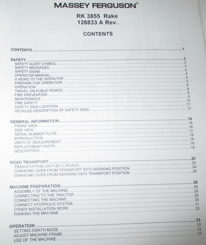 *Massey Ferguson MF RK3855 Rake Operators/Owners/Maintenance Manual ORIGINAL! - Image 2 of 4