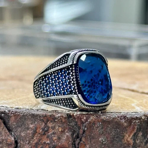 Men Blue Sapphire Zircon Ring 925 Sterling Silver Ottoman Turkish Handmade