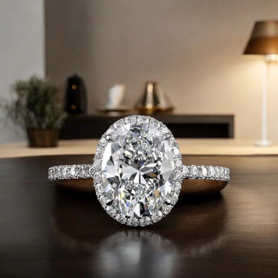 Anillo de bodas de oro blanco de 14k de 3 quilates de corte ovalado IGI... - Imagen 2 de 4