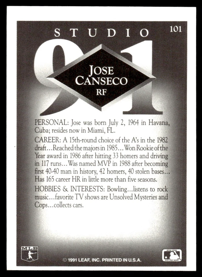 1991 Studio Jose Canseco Oakland Athletics #101 - Image 2 of 2
