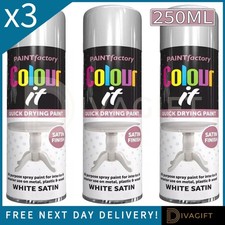 3 x WHITE SATIN FINISH AEROSOL SPRAY PAINT 250ML FOR METAL WOOD PLASTIC FAST DRY