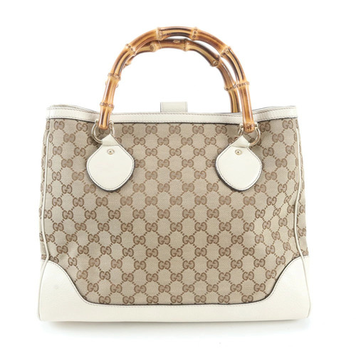 GUCCI Bamboo GG Canvas Tote Bag Shoulder Handbag Beige White Leather 282317 A4