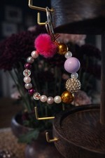 Handmade Beaded Keyring Pom Pom Accent Heart Pink Gold Trendy Women