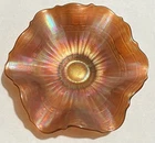 Iridescent Beautiful Vintage Carnival Glass Ruffled Marigold Pleated Bowl