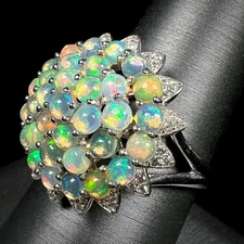 Ethiopian Fire Opal Cluster Engagement Ring in 14K White Gold Over with Diamonds