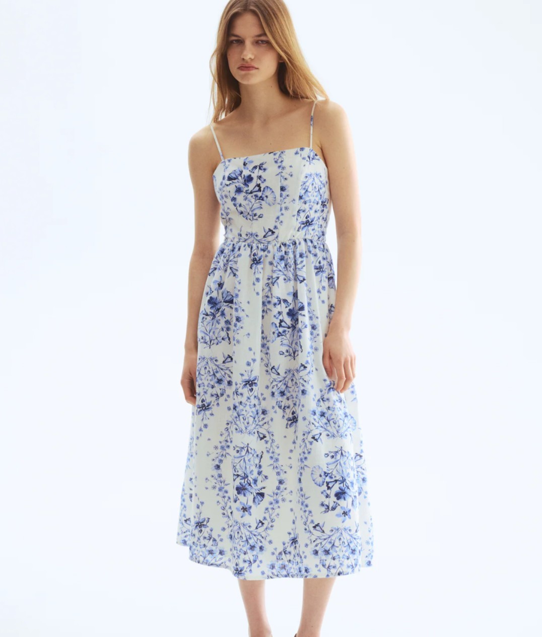 H&M White Blue Floral Strappy Summer Midi Dress Size Medium NWT Bridal Wedding