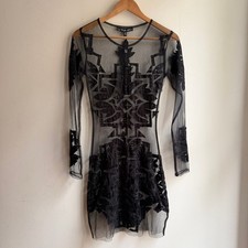 For Love & Lemons Sheer Mesh Velvet Applique Mini Dress Black Medium NEW Goth