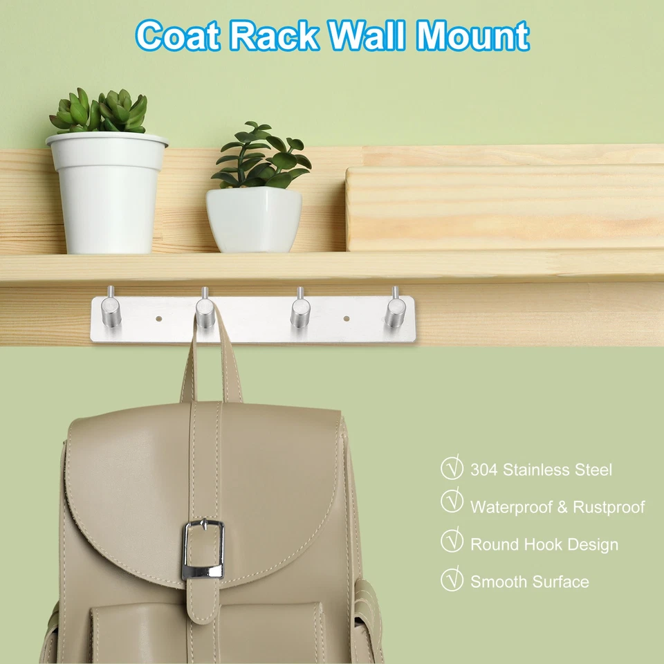 2 Pcs 13" 304 Stainless Steel Coat Rack Wall Mount with 5 Hanging Hooks, Silver - Image 3 of 4