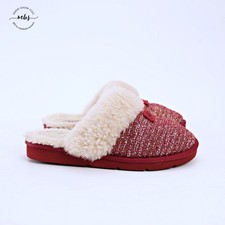 UGG Coquette Tweed Slippers Cabincore Wool Slip On Fur Trim Red Cream Women 7