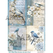 Birds in Blue Quad | A4 Rice Paper | Paper for Decoupage | AB Studios