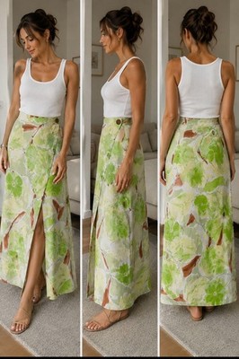 Cato Giorgio Fiorlini Light Green Floral Wrap Skirt Sz 12 Linen Blend Canada NWT