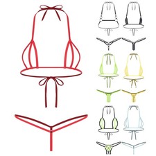 Womens Lace Up Hollow Out Bikini Bra with Thongs Set Swimsuit Micro Bikini Set